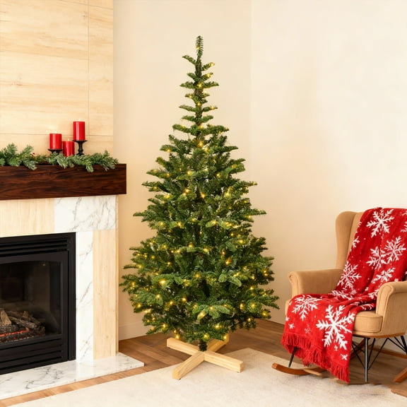 Bringstar 7FT Pre-Lit Christmas Tree with Wooden Stand, 941 PE&PVC Tips, 400 Warm White Lights, Hinged Artificial Xmas Tree