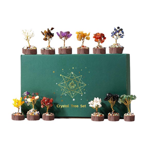 Wooden Base Crystal Tree of Life Set 12 Miniature Money Trees for Wealth & Energy Decorative Gemstone Trees for Office or Home Feng Shui Dcor