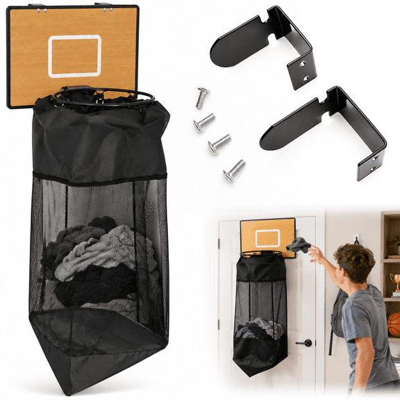 Wooden Basketball Hamper Over the Door Hoop Laundry Basket, Hanging Clothes Organizer for Dorm and Bedroom, Space Saving Wooden Backboard with Zipper Bottom
