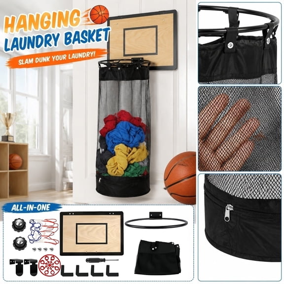 Wooden Basketball Hamper - Hoop Laundry Basket Over the Door - Room Decor, Over the Door Basketball Hoop Laundry Basket