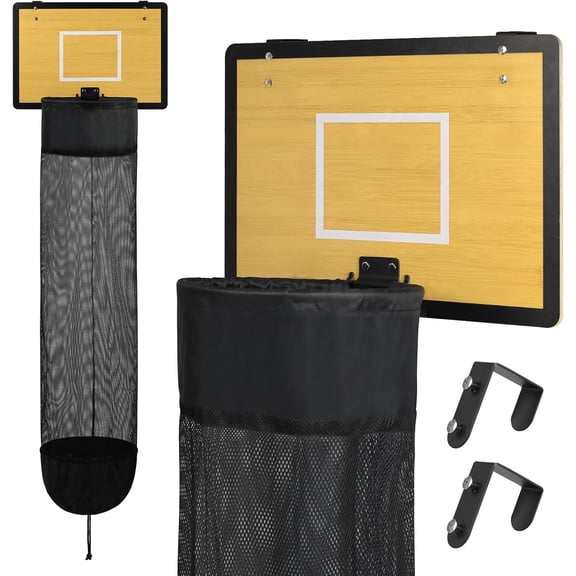 Wooden Basketball Laundry Hamper, Over the Door Hanging Basketball Hoop Laundry Basket with Drawstring, Space Saving Dirty Clothes Solution for Kids Room, Dorm Rooms, Bathroom