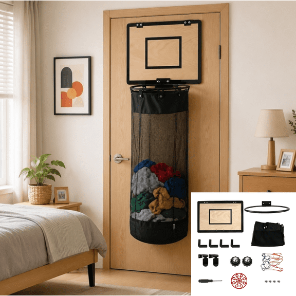 Wooden Basketball Laundry Hamper, Hanging Basketball Hoop Decorative Clothes Bin, Multi-Scene Space Saver For Bedroom Bathroom Student Dorm Use