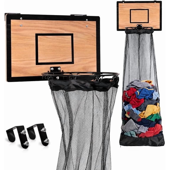 Wooden Basketball Laundry Hamper, Hoop Laundry Basket Over the Door, Rustic Room Decor & Bedroom Organizer for Clothes & Toys