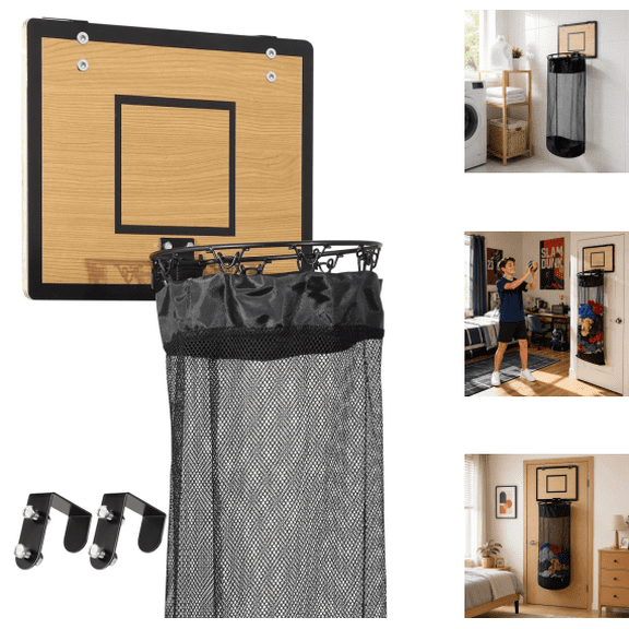 Wooden Basketball Laundry Hamper, Space Efficient Over Door Hoop Laundry Basket With Reinforced Zipper, Ideal Storage For Student Dorm And Family Bathroom