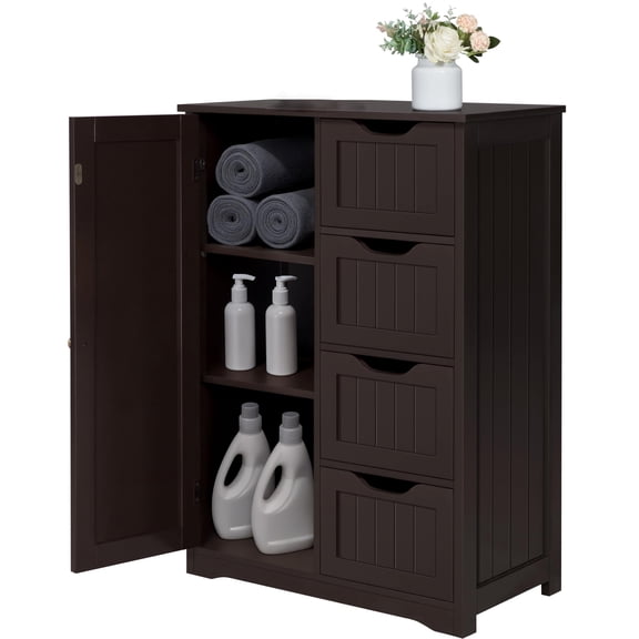 Wooden Bathroom Floor Cabinet, Side Storage Organizer with 4 Drawers and 1 Cupboard, Freestanding Entryway Storage Unit Console Table for Living Room, Home Decor Furniture, Brown