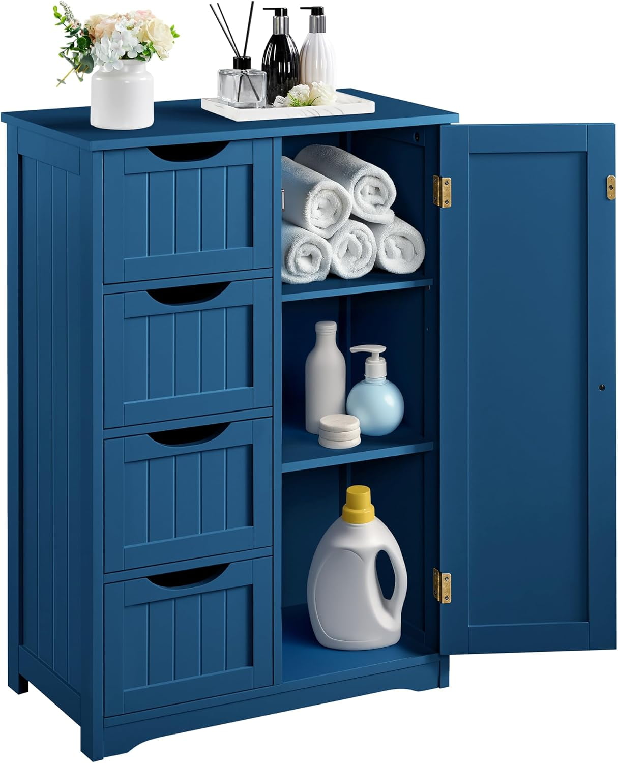 Wooden Bathroom Floor Cabinet, Side Storage Organizer Cabinet with 4 Drawers and 1 Cupboard, Freestanding Entryway Storage Unit Console Table, Bathroom Furniture Home Decor, Navy Blue