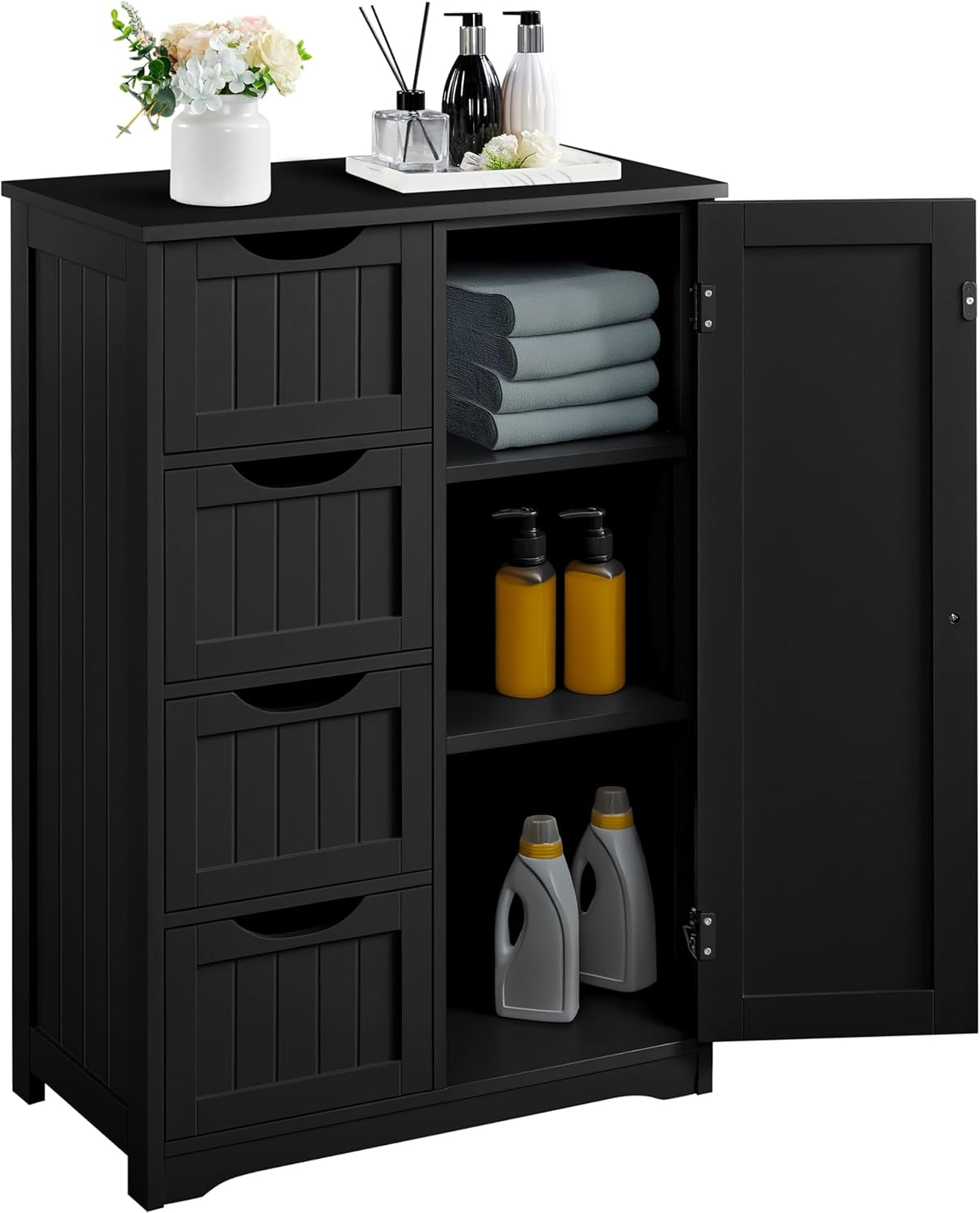 Wooden Bathroom Floor/Side Storage Organizer Cabinet with 4 Drawers and 1 Cupboard, Freestanding Entryway Storage Unit Console Table for Home Decor