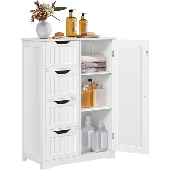 Wooden Bathroom Floor/Side Storage Organizer Cabinet with 4 Drawers and 1 Cupboard, Freestanding Entryway Storage Unit Console Table for Home Decor