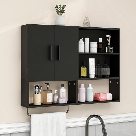Wooden Bathroom Organizers, Over The Toilet Storage Cabinet with 2 Doors, Adjustable Shelves & Towel Bar, Wall Mounted Medicine Cabinet for Kitchen & Laundry, Black