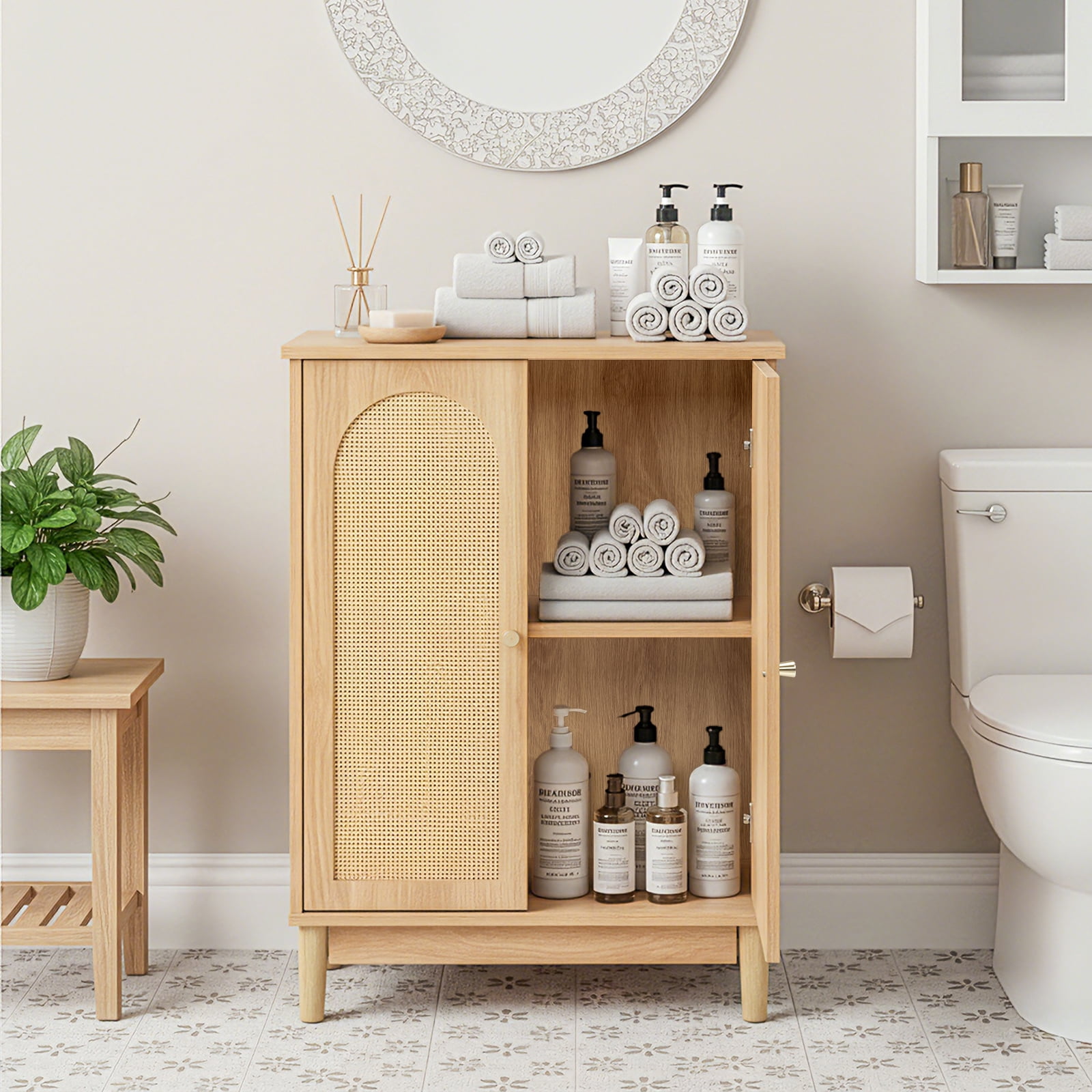 Wooden Bathroom Storage Cabinet with Rattan Doors, Vanity Cabinet with Adjustable Shelves, Particle Board Wood-Grain Organizer for Toiletries Towels