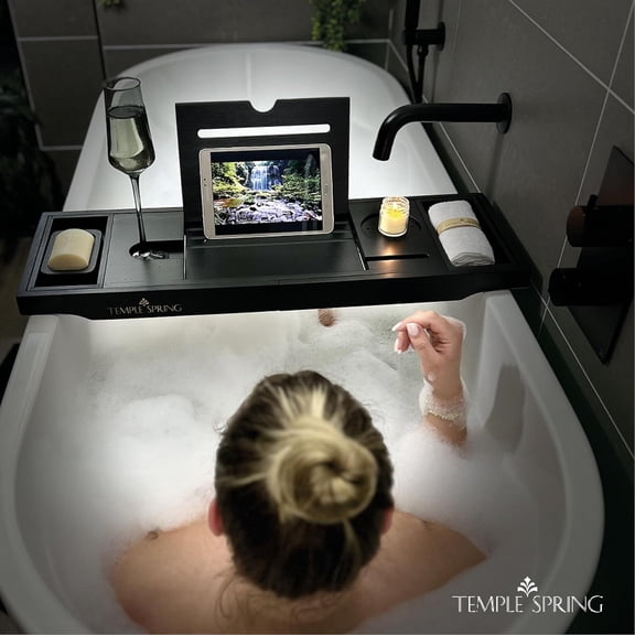 Wooden Bathtub Tray, Bamboo Bathroom Accessories, Bath Tray for Tub, at Home Spa Essentials, Board for Tub Table, Bath Caddy for Bathtub Accessories & Bathroom Essentials – Black