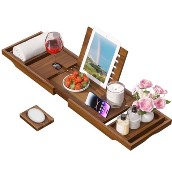 Wooden Bathtub Tray for Luxury Bathroom Expandable Premium Teak Bath Tray Adjustable Bath Accories for Tub as Unique Housewarming Holiday Birthday Gifts