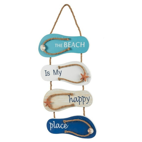 Wooden Beach Wall Hanging Decor Sign, Flip Flop Beach Decorations for Home, Bathroom, Living Room, Bedroom, Dining Room, The Beach is My Happy Place (8.7x20.9 In)
