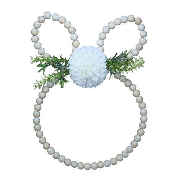 Wooden Bead Easter Bunny Wreath Artificial Wood Bead Rabbit Shaped Wreath with Flower Rustic Rabbit Garland for Holiday Wall Home Window Decor
