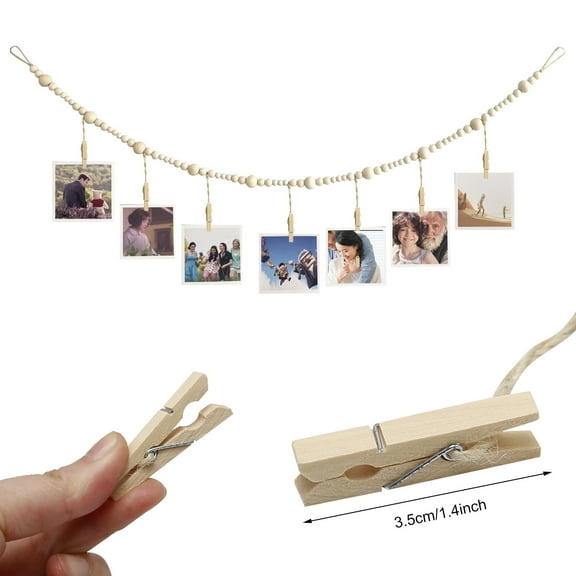 Rustic Wooden Beaded Garland - Boho Farmhouse Decor, 4Ft Hanging Photo Display for Classroom & Dormitory, Natural Brown