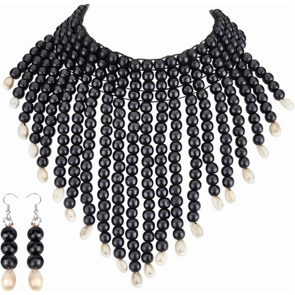 Wooden Beaded Necklaces and Earrings Boho Jewelry Set African Statement Necklaces Layered Chunky Necklace Black Dangle Earring Collar Choker with Shell
