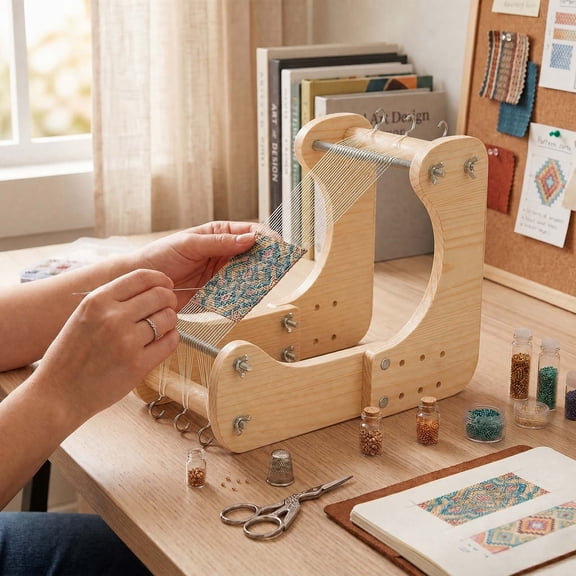 Wooden Beading Loom Kit Adjustable DIY Bead Weaving Frame with Tools Handmade Jewelry Making Stand for Bracelets Necklaces Craft Projects Beige