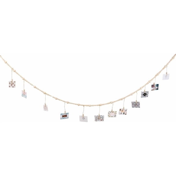 Wooden Beads Photo Display Hanging Garland with 12Pcs Wooden Clips Boho Collage Card Picture Photos Holder Frame Decorations Art Wall Decor for DIY Making