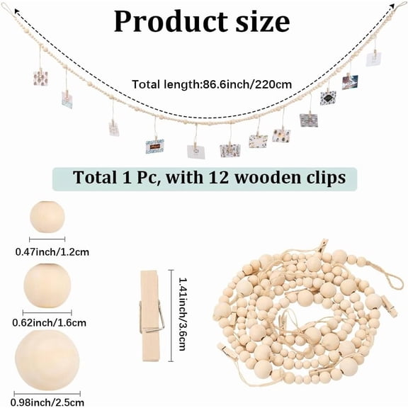 Wooden Beads Photo Display Hanging Garland with 12Pcs Wooden Clips Boho Collage Card Picture Photos Holder Frame Decorations Art Wall Decor for Dorms Classrooms Bedrooms Office Nursery