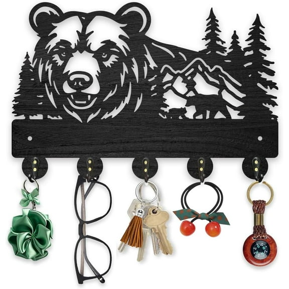 Wooden Bear Key Holder for Wall 11.8x7.8inch Mountains Forest Wall Mounted Key Rack Animal Element Coat Hat Hook 5 Alloy Hooks for Entryway Front Door Hallway Wall Art Decoration Black