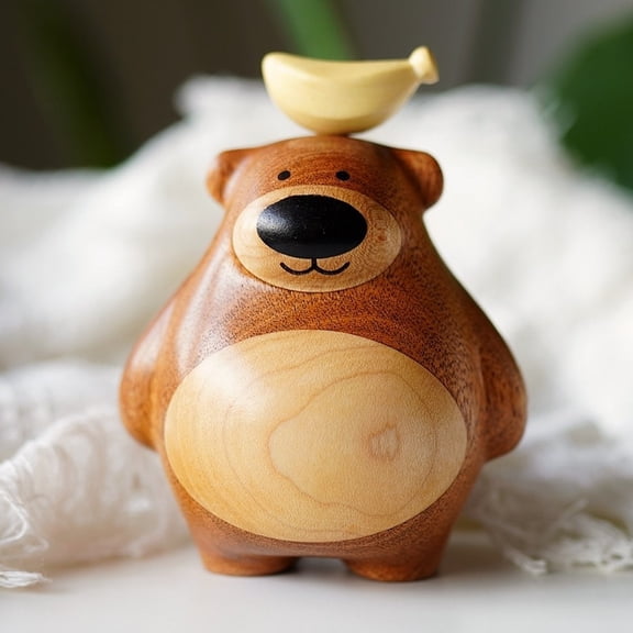 Wooden Bear Statue Decorative Figurine - Mini Wood Carving Animals Ornament, Creative Wood Desktop Decor for Shelf, Living Room, Office, Handcrafted Gift
