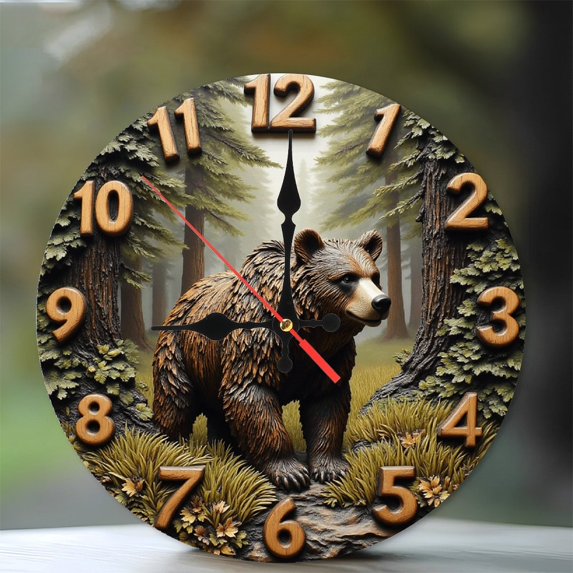 Wooden Bear Wall Clock Nature Decor for Home 10-Inch Silent Wooden Wall Clock, Battery Operated (AA Batteries Not Included), Artistic Home Decor