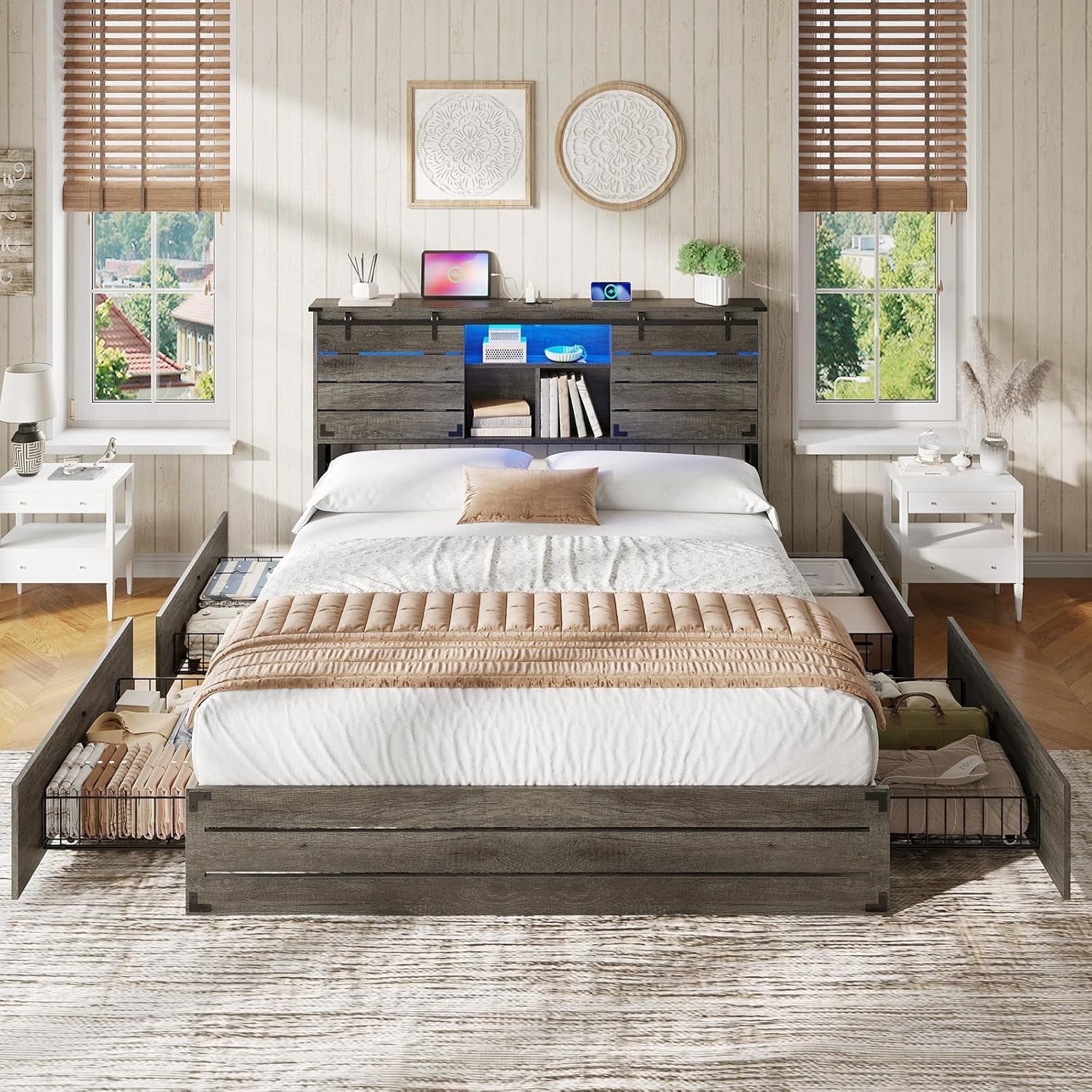 Wooden Bed Frame Full Size with Bookcase Headboard and Sliding Barn Door, Farmhouse Bed Frame Full Size with Charging Station, LED Lights and 4 Storage Drawers, No Box Spring Needed, Grey
