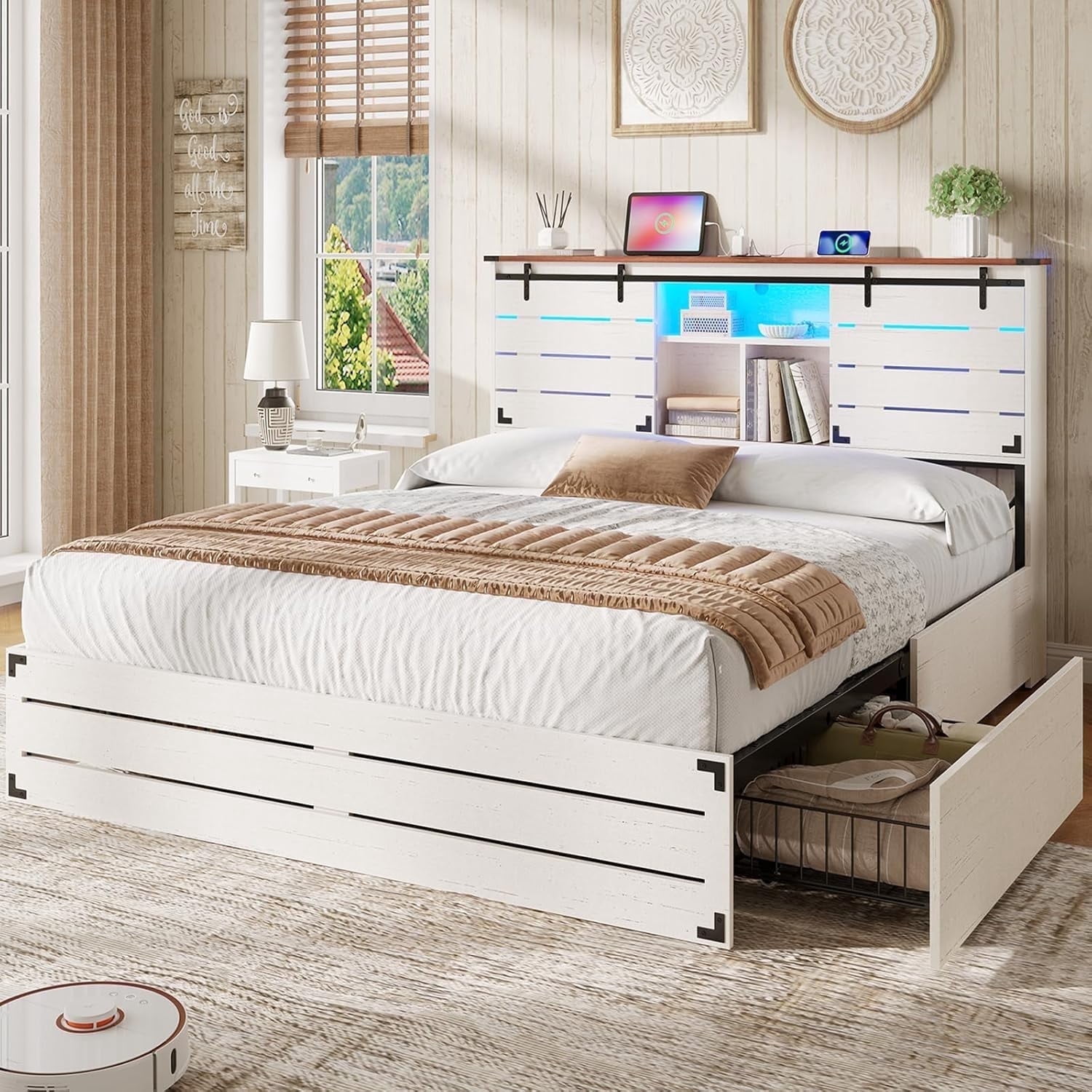 Wooden Bed Frame Full Size with Bookcase Headboard, Sliding Barn Door ...