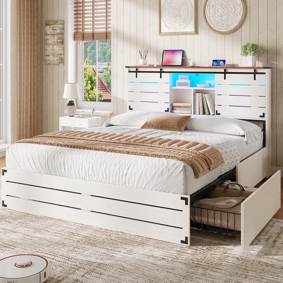 Wooden Bed Frame Full Size with Bookcase Headboard and Sliding Barn Door, Farmhouse Bed Frame Full Size with Charging Station, LED Lights and 4 Storage Drawers, No Box Spring Needed, White