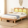thumbnail image 1 of Wooden Bed Frame with Headboard and Natural Rattan, Boho Bed Frame with LED Lights and Storage Headboard, Strong Wooden Slat, Noise Free, No Box Spring Needed, Oak (Full), 1 of 9
