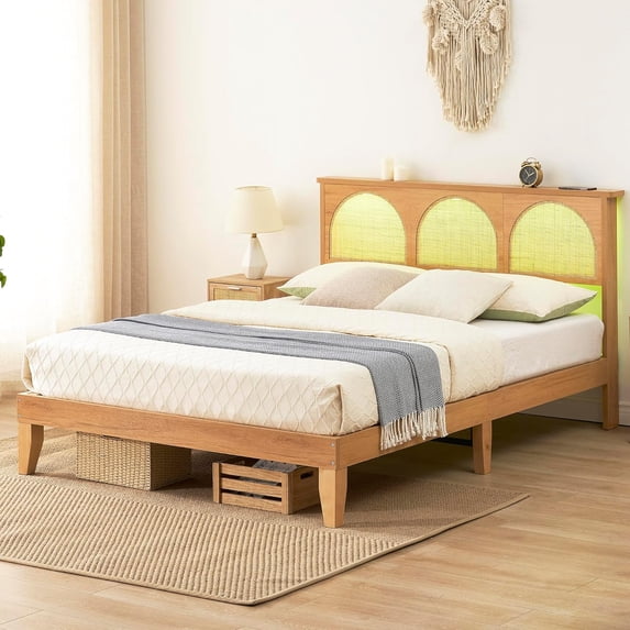Wooden Bed Frame with Headboard and Natural Rattan, Boho Bed Frame with LED Lights and Storage Headboard, Strong Wooden Slat, Noise Free, No Box Spring Needed, Oak (Full)