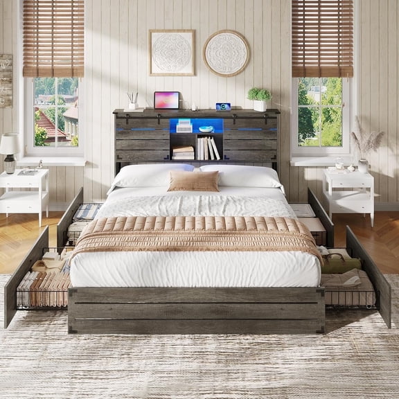 Wooden Bed Frame Queen Size with Bookcase Headboard and Sliding Barn Door, Farmhouse Queen Bed Frame with Charging Station, LED Lights and 4 Storage Drawers, No Box Spring Needed, Grey