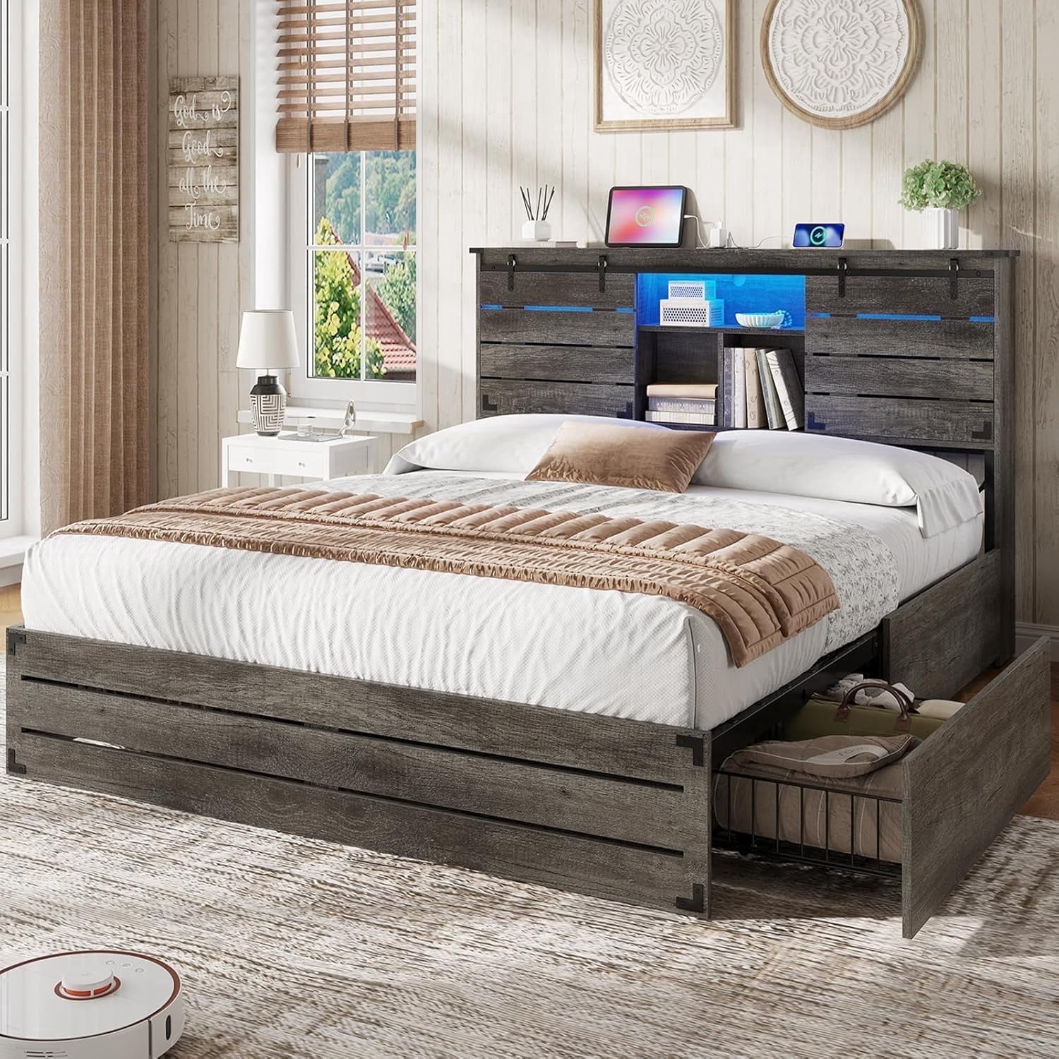 Wooden Bed Frame Queen Size with Bookcase Headboard and Sliding Barn Door, Farmhouse Queen Bed Frame with Charging Station, LED Lights and 4 Storage Drawers, No Box Spring Needed, Grey