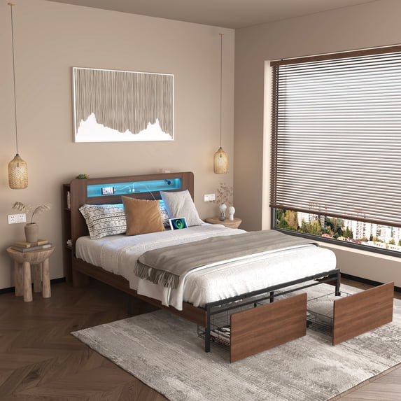Wooden Bed Frame Queen Size Farmhouse Platform Bed Frame with Bookcase Shelf & 2 Storage Drawers, Storage LED Light Headboard, Noise Free, No Box Spring Needed and Easy Assembly, Brown