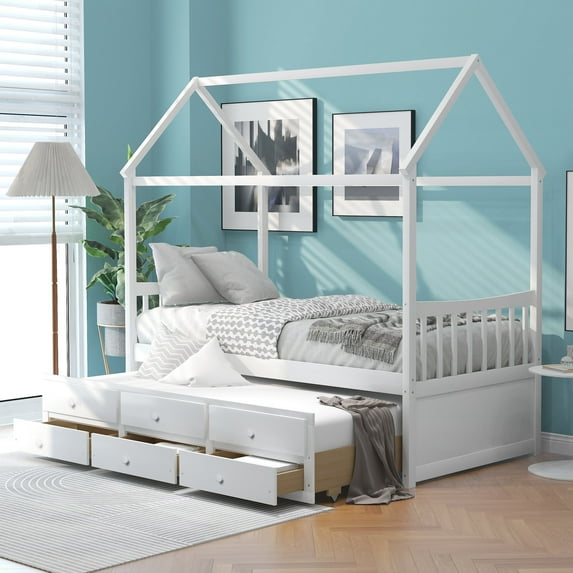 Wooden Bed Frame with Roof, Bedroom Furniture with Trundle and 3 Storage Drawers, Roof Design, Twin Size House Platform Beds, White