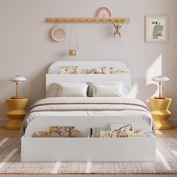 Wooden Bed Frame with Storage Headboard - Low Platform Bed for Little with Raised Footboard, Sturdy Wood Slats (No Box Spring Needed),Easy Assembly