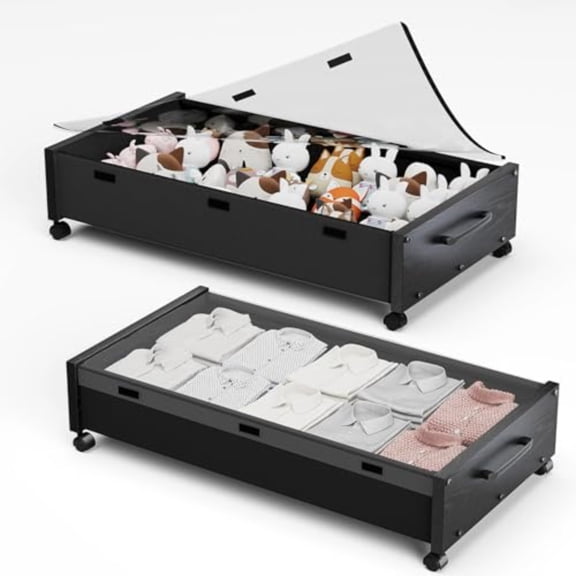 Wooden Under Bed Storage with Wheels Rolling Under the Bed Storage Bins with Removable Lid Metal Under Bed Drawers for Clothes and Shoes in Bedroom or Living Room Black Wood-2pack