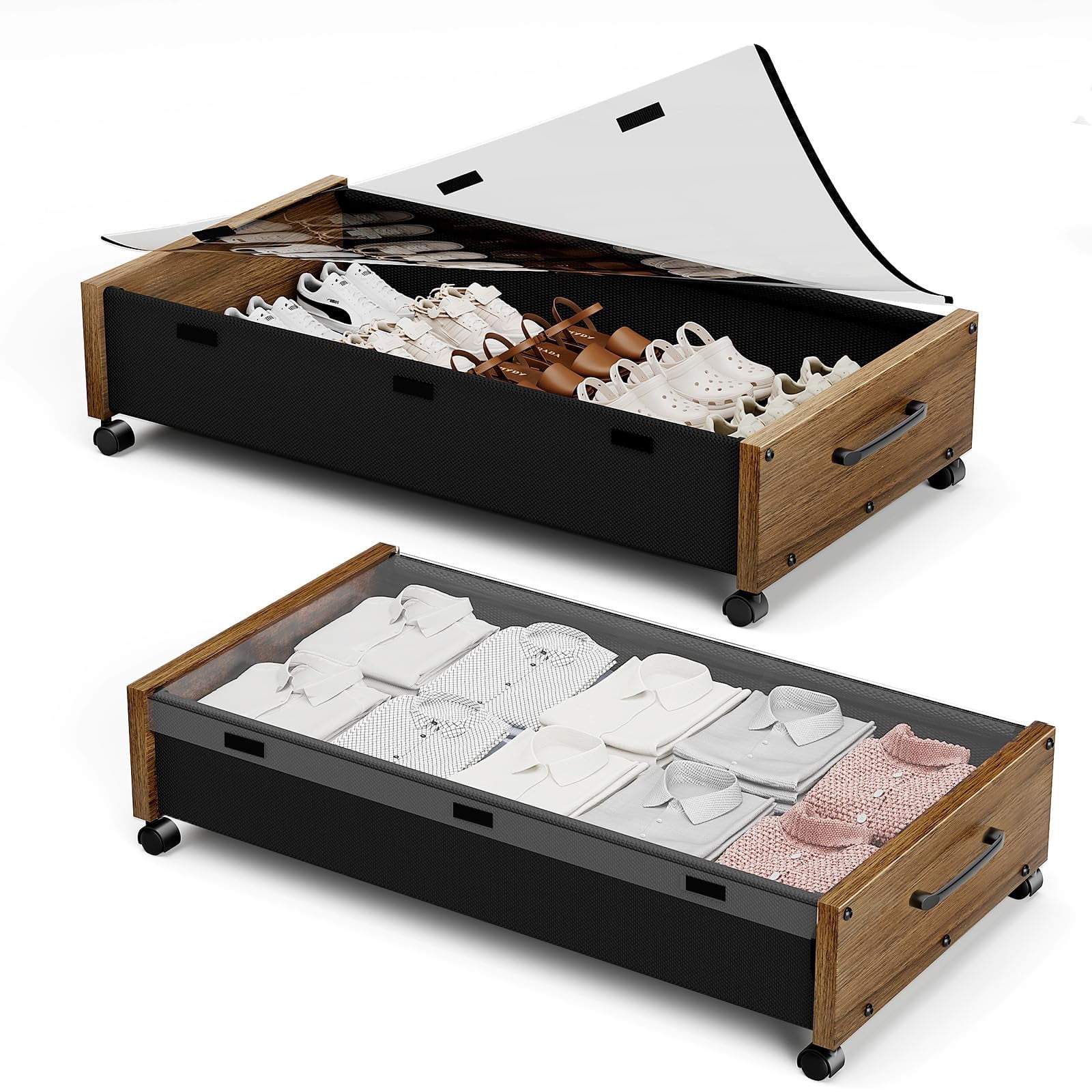 Wooden Under Bed Storage with Wheels, Rolling Under the Bed Storage ...