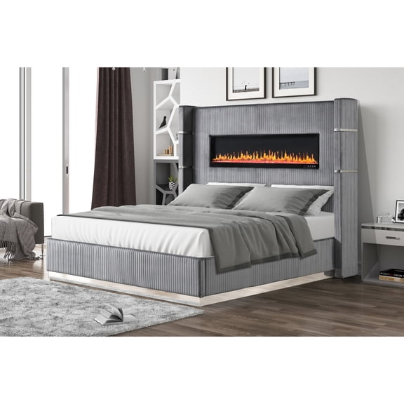 Wooden Bed with Velvet - Bluetooth Speakers & Fireplace Feature - Bedroom Usage - Trendy Sleep Space