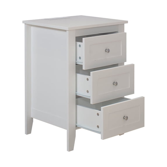 Wooden Bedside Table/End Table - Modern 3 Drawer Nightstand with Charging Station, USB Ports & Power Outlets for Bedrooms-White