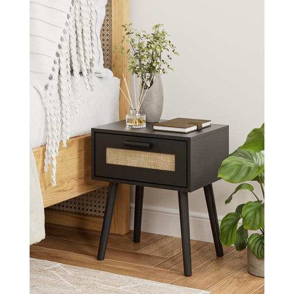 Wooden Bedside Table with Rattan Weaving Drawer, Bohemian Storage Nightstand for Bedroom Furniture