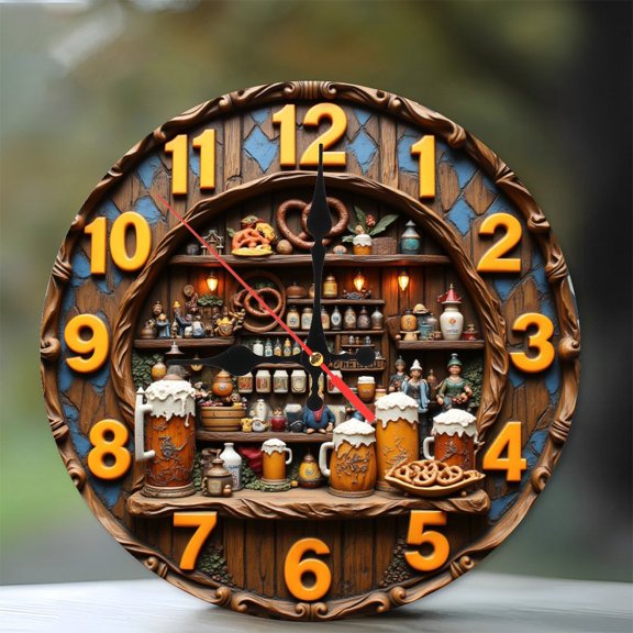 Wooden Beer Stein Clock Wall Decor German Brewery Cottage Scene 10-Inch Silent Wooden Wall Clock, Battery Operated (AA Batteries Not Included), Artistic Home Decor