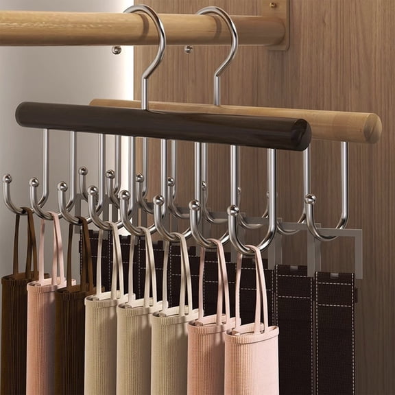 Wooden Belt Hanger for Closet with 8 Hooks, Sturdy Multifunctional Closet Organizer and Storage Rack, Wood Tie Belt Scarf Hanger for Wardrobe, Space-Saving Closet Accessory Organizer, 11*7in, Brown