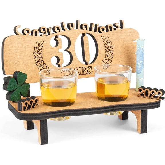 Wooden Bench With Shot Glasses - 60 Engraved (Years Available 10-90) - Original