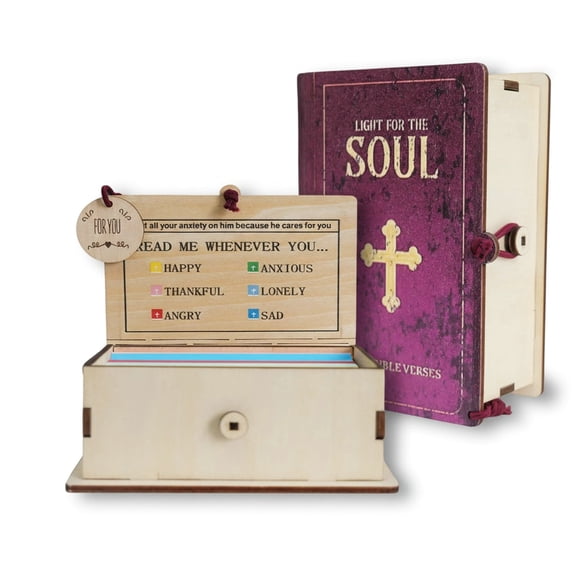 Wooden Bible Verse Box Inspirational Scripture Cards Holder with 100 Scripture Cards Light for The Soul Religious Prayer Gift for Friends Family Faith Keepsake Decor for Home Tabletop Church
