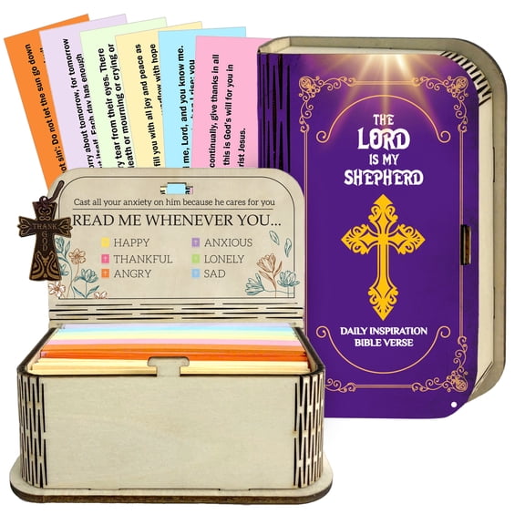 Wooden Bible Verse Box, The Lord Is My Shepherd Devotional Gift Box with Daily Scriptures for Anxiety, Joy, Sadness & Faith, Christian Encouragement Set