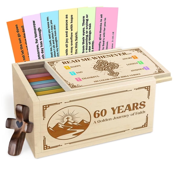 Wooden Bible Verse Prayer Box Birthday Gift, Personalized Faith Keepsake with Custom Year, 150 Scripture Cards and Wooden Cross, Christian Religious Gift for Him or Her