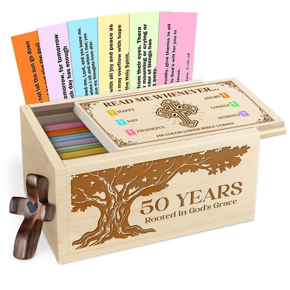 Wooden Bible Verse Prayer Box with Custom Year, Faith Anniversary Keepsake Box with Scripture Cards and Wooden Cross, Christian Gift for Birthday, Milestone and Spiritual Growth