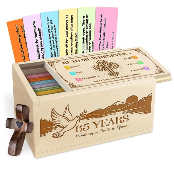 Wooden Bible Verse Prayer Box with Custom Years, Faith Milestone Keepsake Box with Scripture Cards and Wooden Cross, Christian Birthday Gift for Spiritual Reflection