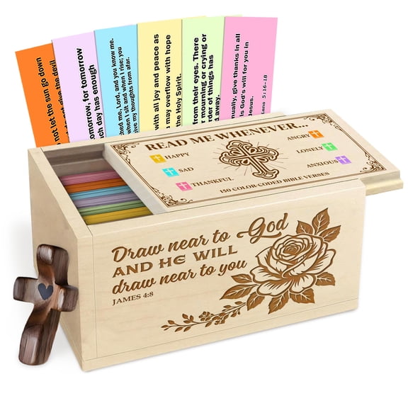 Wooden Bible Verse Prayer Box Draw Near to God, Christian Faith Keepsake Box with Scripture Cards and Wooden Cross, Inspirational Religious Gift for Home Prayer